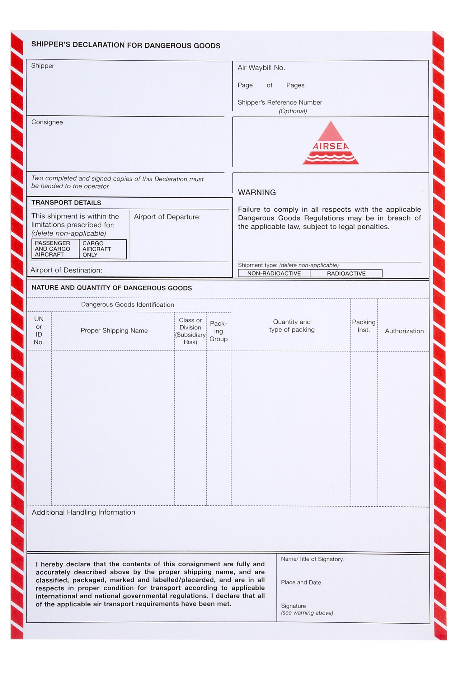 Exhibit 326, Shipper's Declaration for Dangerous Goods (Sample Form)